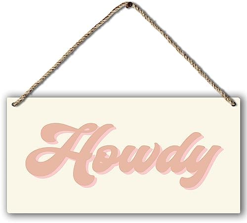 Retro Western Howdy Pink Beige Preppy Boho Printed Wood Plaque Sign Wall Hanging,Rustic Howdy Hanging Wall Signs for Western Home College Dorm Decor 12 x 6 Inches