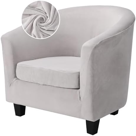 Barrel Chair Covers 2 Piece, Grey Club Tub Barrel Chair Slipcover with Cushion Cover, Soft Armchair Sofa Cover Stretch Furniture Protector with Elastic Bottom for Living Room Bar Hotel