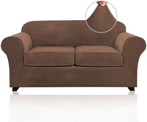 PrinceDeco Velvet Couch Cover Loveseat Covers for 2 Cushion Couch 3 Piece Sofa Covers for Dogs Washable Loveseat Covers Width Up to 72 Inch No Slip Stretch Sofa Slipcover(Medium, Caramel)