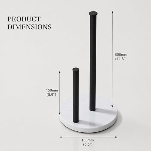 Matte Black Paper Towel Holder for Kitchen Countertop, 304 Stainless Steel Roll Dispenser with White Engineered Marble Weighted Base, Freestanding Paper Towel Stand for Standard Rolls