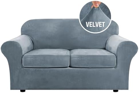 H.VERSAILTEX Real Velvet Plush 3 Piece Stretch Sofa Covers Couch Covers for 2 Cushion Couch Loveseat Covers Width Up to 72 Inch Feature Thick Soft Stay in Place (Medium Sofa, Stormy Blue)