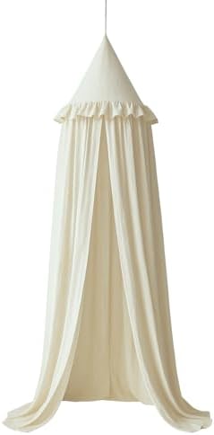 Wonder Space Kids Bed Canopy with Ruffles, Pastel Neutral Color for Boys & Girls, Frilled Cotton Tent Nursery Room Baby Crib Hanging Curtain Mosquito Netting Children Reading Nook Decoration (Ivory)
