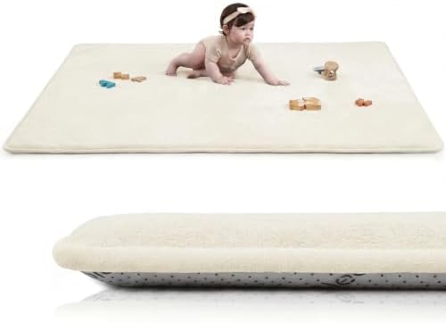 Baby Play Mat for Floor,1.3" Thick Elasti-Foam Large 59"×71" Playpen Mat,Non-Toxic Certified Water-Repellent Coral Velvet, Non-Slip Safe Crawling Mat for Tummy Time, Toddler & Infant(Cream)