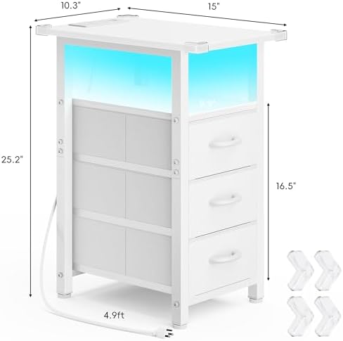 Vagusicc White Nightstand with Charging Station and LED Lights, Narrow End Table, LED Nightstand with 3 Fabric Drawers for Bedroom, Small Bedside Table, Narrow Side Table for Small Spaces, White