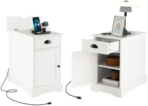 GIANTEX Nightstand with Charging Station Set of 2, Flip Top End Table w/USB Ports & Outlets, Side Table w/Storage Drawer, Magazine Rack, Adjustable Shelf, Narrow Bedside Tables for Small Space, White