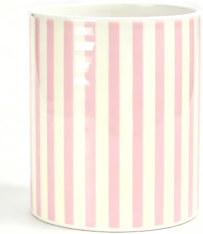 Kitchen Utensil Holder,7.2-inch Extra Large Ceramic Stripes Pattern Utensil Crock,Cooking Utensil Organizer for Kitchen Counter Decor,Storage Caddy Farmhouse Gift Yellow Pink