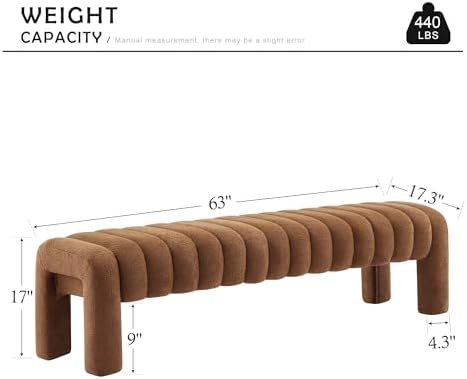 63" Bedroom Bench, Upholstered Entryway Bench, Modern End of Bed Ottoman with Solid Wood Legs and Adjustable Foot Pegs for Entryway, Dining Room and Living Room (Rust Brown Boucle)