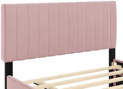 Bellemave Full Bed Frame with Trundle Bed,Velvet Upholstered Platform Bed Frame,Full Size Trundle Bed with Headboard for Kids Teens Adults(Pink)