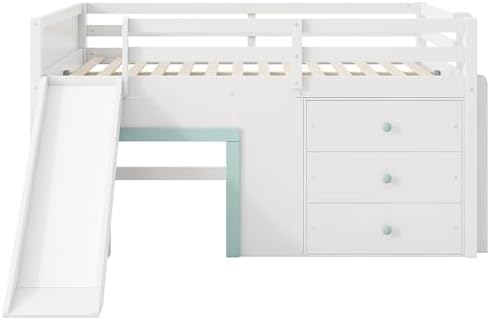 Bellemave Full Size Low loft Bed for Kids,Wood Modern Farmhouse Full Loft Bed with Slide and Drawer Storage, No Box Spring Needed, White