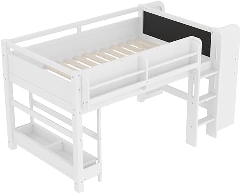 Bellemave Twin Size Low loft Bed with Desk and bookcases, Boxes and Drawers for Kids,Wood Modern Farmhouse Kids Loft Bed with Shelf, White