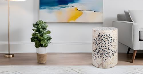 PEMAR Mother of Pearl Tree of Life End Table, 13" Round Accent Side Table