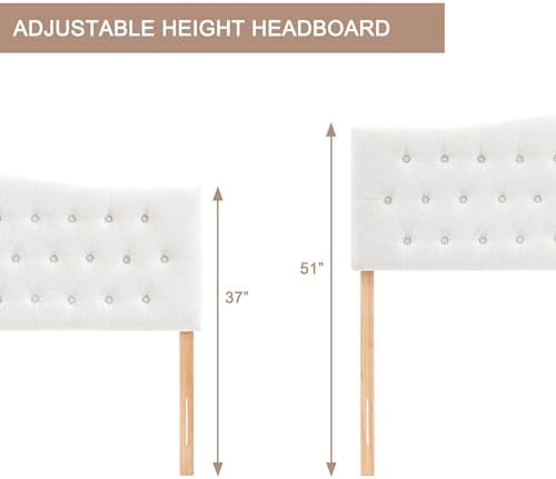 Tufted Headboard Full Size, Solid Wood Adjustable Height Head Board, White