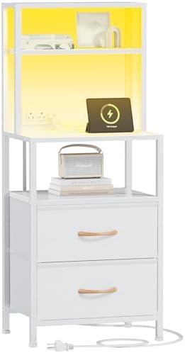 Furnulem White Nightstand, Tall Night Stand with Charging Station