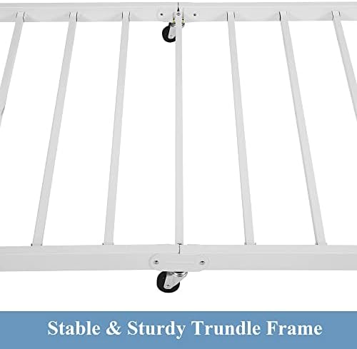 VECELO Twin Trundle Bed Frame Only/Roll Out/Enhanced & Up-Graded Metal Slats Support with Lockable Casters, White