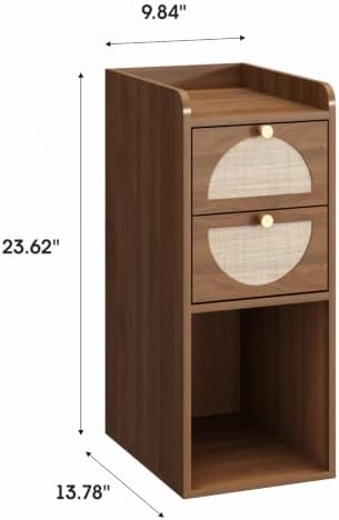 Narrow Nightstand Set of 2 (Rattan & Wood) - Small Bedside Table with 2 Drawers, Open Shelf, Mid Century Modern End Table - for Bedroom, Living Room & Small Spaces, Walnut