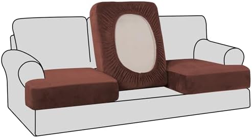 H.VERSAILTEX Stretch Velvet 3 Piece T Cushion Sofa Slipcovers for Living Room Individually Sofa Covers for 3 Cushion Seat Cushion Covers Stay with Elastic Bands (Sofa, Burnt Brick)