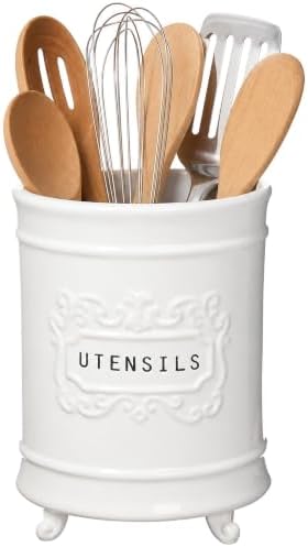 Mud Pie Circa Ceramic Utensil Holder, Kitchen Countertop Crock, White