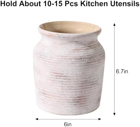 Ceramic Farmhouse Kitchen Utensil Holder for Countertop, Rustic Cooking Utensil Holder Crock Fit for Kitchen Counter.