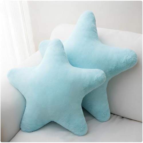 Star Shaped Throw Pillows Set of 2, Cute Plush Decorative Pillows with Fluffy Faux Rabbit Fur, Soft Star Cushion for Sofa Couch Bed Living Room Bedroom Home Decor (Blue, 15.7")