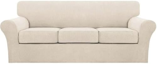 Turquoize 4 Piece Couch Cover Sofa Covers for 3 Cushion Couch Sofa Slipcovers Washable Sofa Cover for Dogs with Individual Couch Cushion Covers Feature Jacquard Fabric(3 Cushion Sofa, Biscotti Beige)