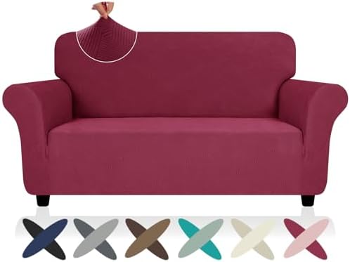 ZNSAYOTX Super Stretch Loveseat Covers (57"-70"), New Striped Love Seat Slipcover, Dogs Pet Friendly Anti-Slip Couch Protector Spandex Durable 2 Seater Fabric Sofa Cover (Wine Red, Loveseat)