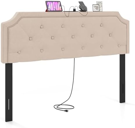 GIANTEX Headboard with Charging Station, Queen/Full Size Diamond Tufted Upholstered Head Board w/2 AC Outlets, USB & Type-C Port, Rubber Wood Legs, Width Adjustable Modern Bed Headboard Only (Beige)