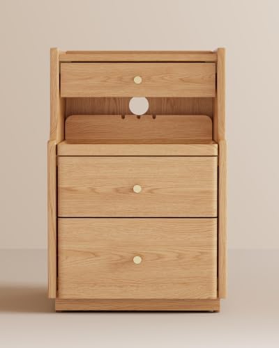 Solid Wood Narrow Nightstand with 3 Drawers,Natural 15.7",Fully Assembled