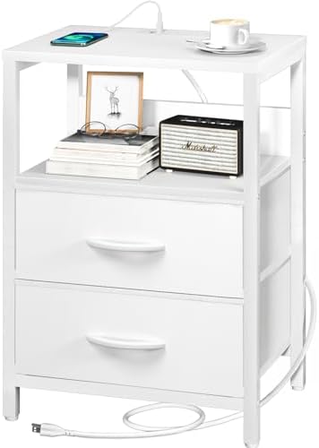 Yoobure Nightstand with Charging Station, Small Night Stand with Fabric Drawers and Storage Shelf for Bedrooms, Nightstands for Small Spaces, Bedside Table with USB Ports & Outlets, Bed Side Table