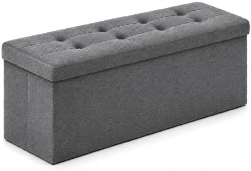 ALASDO 43 Inch Folding Storage Ottoman Bench with Hidden Storage, PU Leather Ottoman Foot Rest Stool, End of Bed Bench for Bedroom, Living Room, Entryway and Closet, Grey