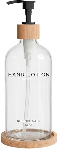 Glass Lotion Dispenser with Pump for Bathroom by Brighter Barns - Hand Lotion Dispenser Set with Tray - Boho Hand Cream Container for Bathroom, Neutral Home Decor in Bedroom, Lobby, Restaurant (Clear)