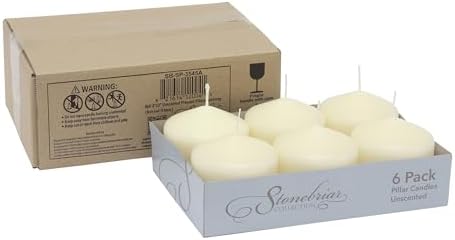 Stonebriar Unscented Pillar Candles – 18 Hour Burn Time, Long-Lasting Wax Candles for Weddings, Holidays, Home Décor & Special Events, Pack of 6, Ivory, 3" x 3"