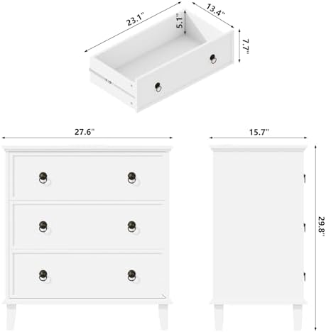 COWMOU White 3 Drawers Nightstand with Charging Station, Large Mid-Century Modern Bedside Table with USB Ports & AC Outlets, Wooden End Table for Bedroom Living Room, 27.6"W x 29.8"H Storage Cabinet