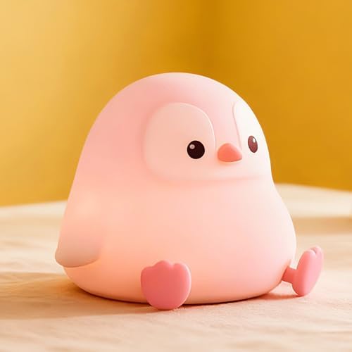 FAMIDUO Penguin Night Light,Pink Penguin Lamp,Soft Silicone Nursery Light