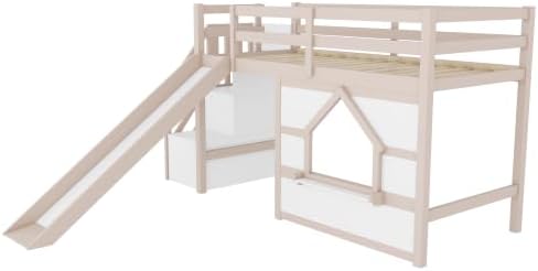 Bellemave Twin Low loft/bunk Bed with Slide and Storage Staircase LED for Kids,Wood Loft Beds,White +Beige