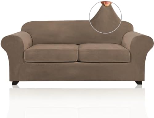 PrinceDeco Couch Cover Velvet Plush Sofa Covers for 2 Cushion Couch Width Up to 90 Inch Washable Furniture Protector Pet Friendly No Slip Sofa Slipcover(Medium-Large, Mocha)