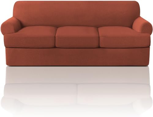 PrinceDeco T Cushion Sofa Slipcover 4 Pieces Sofa Covers for T Cushion Couch Soft Sofa Slip Covers Furniture Protector with 3 Individual T Shape Seat Covers Width Up to 88", Rust