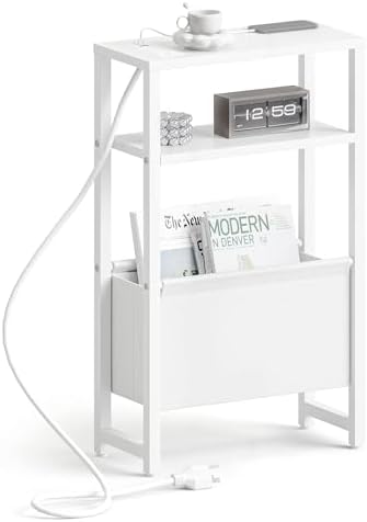 Narrow Side Table with Charging Station Slim End Table Sofa with Magazine Rack, Bedside Table for Small Spaces, 3 Tier Nightstand for Living Room Couch, Bedroom White LET503WE
