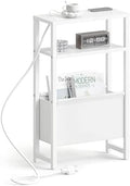 Narrow Side Table with Charging Station Slim End Table Sofa with Magazine Rack, Bedside Table for Small Spaces, 3 Tier Nightstand for Living Room Couch, Bedroom White LET503WE