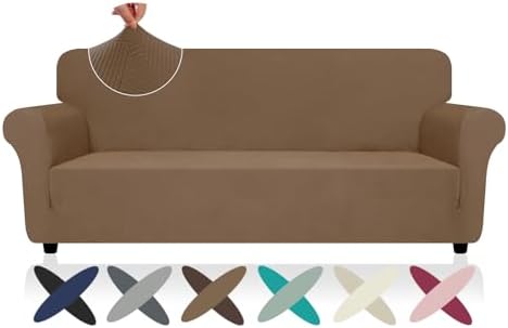 ZNSAYOTX Super Stretch Sofa Cover (72"-92"), New Striped Sofa Covers Fitted Slipcovers with Elastic Bottom, Dog Cat Pets Proof Spandex Washable Fabric Comfortable & Durable (Light Coffee, Sofa)