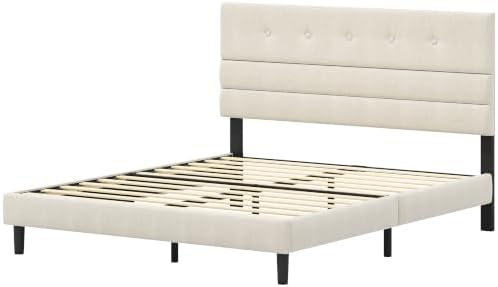 GRUSIGN Queen Size Bed Frame with Linen Fabric Headboard, Adjustable Height Upholstered Platform Bed Frame with Wooden Slats, Easy Assembly, Beige
