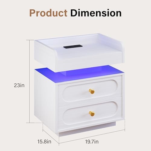 4ever2buy White Nightstand Set of 2 with Charging Station and LED Lights