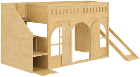 SOFTSEA Twin Size Kids Loft Bed with Slide and Storage Stairs, Natural