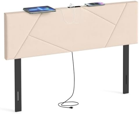 KOMFOTT Upholstered Full/Queen Headboard with Charging Station, Beige