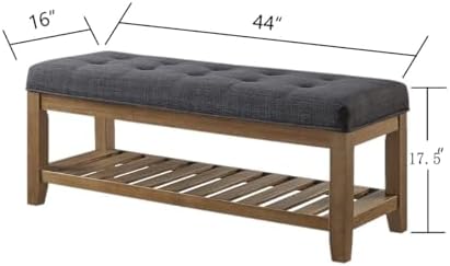 24KF Large Rectangular Upholstered Tufted Linen Fabric Ottoman Bench, Padded Bench with Solid Wood Shelf-Charcoal