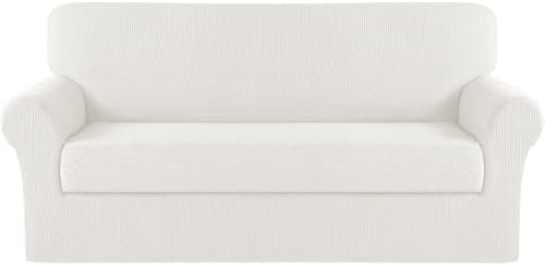 Turquoize Stretch Sofa Slipcover 2 Pieces Sofa Cover Couch Cover for 3 Cushion Couch Washable Furniture Protector Covers with Elastic Bottom Feature Thick Jacquard Fabric (Sofa, Porcelain White)