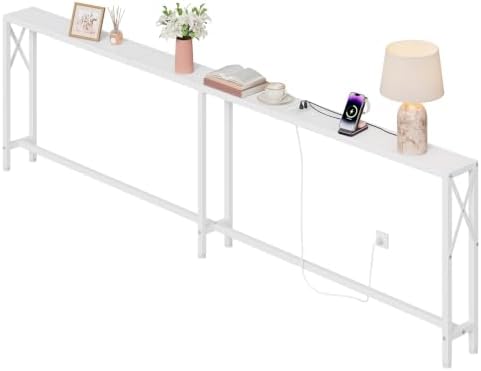 Gewudraw 102" Sofa Table Behind Couch & Socket-Narrow Console Table,White