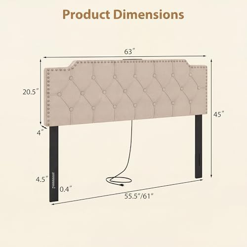 KOMFOTT Riveted Upholstered Headboard with Charging Station for Full & Queen Size Bed Frame, Tufted Button Bed Headboard with Solid Rubber Wood Legs, Headboard with Adjustable Width, Beige