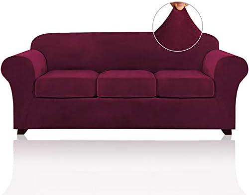 PrinceDeco Velvet Couch Covers for Sofa Soft 4 Pieces Couch Covers for 3 Cushion Couch Sofa Pet Friendly Furniture Protector with Non Slip Elastic Bottom Width Up to 90 Inch(Large, Burgundy)
