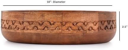 EDHAS Mango Wood Decorative Round Carved Bowl for Decoration, Centerpiece Bowl for Table (10" x 10" x 2.5")