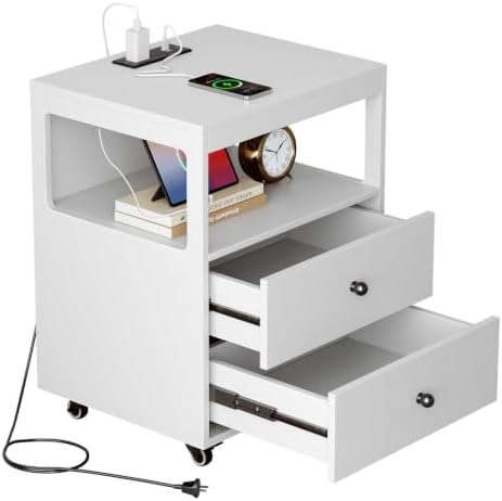Bedroom Nightstand with Charging Station, Side Table with 2 Drawers,Sofa End Table Living Room with Wheels for Living Room Bedroom Office(White)